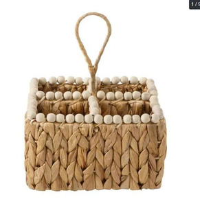 Water Hyacinth Utensil Caddy 4 Compartment Woven Silverware Holder with Handle Wood Beads Decorative Cutlery Basket For Kitchen - Product Image 1