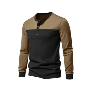 Custom Logo Printing Mens <b>Long</b> Sleeve Henley Shirt Round Neck Two Tone Cotton Knitted Heavyweight Men Casual Shirts Manufacturer - Product Image 2