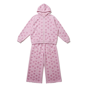 <b>Pink</b> Heart Print <b>Tracksuit</b> Set Full Length Zipper Hooded Casual Regular Fit Unisex Adults Spring Wear 100% Cotton Breathable - Product Image 4