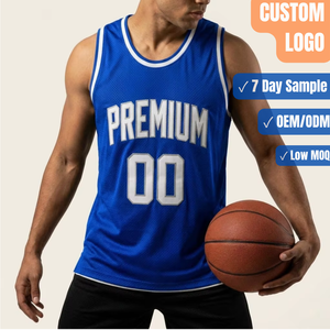 Camiseta de baloncesto personalizada, cuello redondo azul, nombre del equipo, número, sin mangas, venta al por mayor - Product Image 1