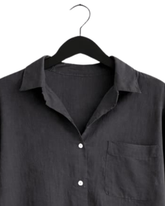 Ensemble deux pièces en lin noir pour femme, chemise à manches longues boutonnée et pantalon large à taille élastique, tenue décontractée - Product Image 5