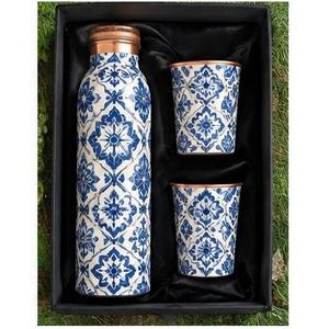 Peacock Design <b>Metal</b> <b>Water</b> <b>Bottle</b> with Copper Lid and Two Cups Portable Eco-Friendly Travel Set Contemporary Home Office - Product Image 2