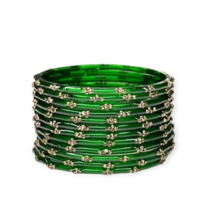 Fancy Raindrop Dark Green Kashmiri Glass <b>Bangles</b> <b>Set</b> Gold Plated Imitation Pearl Wedding Occasion for Bulk Jewellery Suppliers - Product Image 2