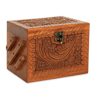 Boîte à bijoux en bois sculpté, design oriental rectangulaire avec couvercle, boîte de rangement à 1 niveau, artisanat en bois fait main, décorative - Product Image 1