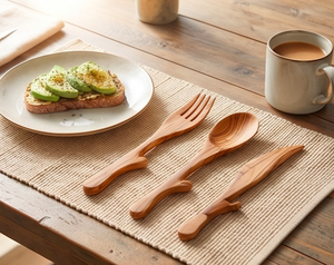 Juego de cubiertos de madera, cuchillo, tenedor, cuchara, diseño minimalista, acabado mate, producto ecológico para vajilla, uso en camping y uso doméstico. - Product Image 1