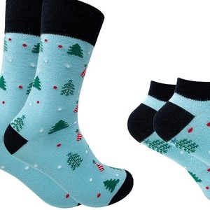 New Custom Design Unisex Adult Cotton Christmas Tree <b>Socks</b> Light Blue <b>Black</b> Trim Digital Print Breathable Holiday Design - Product Image 5