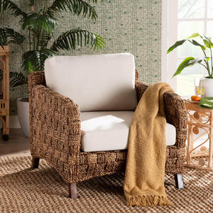 Rustic Coastal Seagrass and Mahogany Wood Armchair <b>Upholstered</b> Living Room <b>Chair</b> - Product Image 2