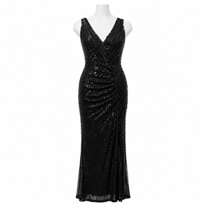 Women Black <b>Sequin</b> Maxi Dress V Neck Sleeveless Ruched Bodycon Evening Gown Elegant Sparkle Formal Wedding Party Prom Cocktail - Product Image 1