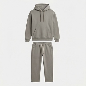 Ensemble de survêtement unisexe gris à capuche, couleur unie, décontracté, sweat-shirt et pantalon avec cordon de serrage, 100 % coton - Product Image 1
