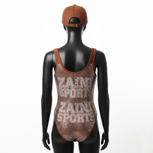 Maillot de bain une pièce marron uni en poly-spandex épais pour femme, orné de clous et avec logo imprimé personnalisé - Product Image 2