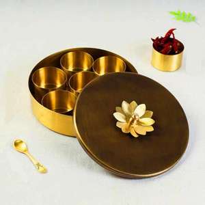 Premium Round Iron Spice Organizer <b>Box</b> with Floral Engraved Lid for Kitchen Seasoning Storage Traditional Iron Masala Dabba - Product Image 1