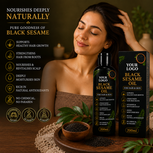 Huile de sésame noire 100% naturelle pour les cheveux et la peau |   Huile de graines de sésame pressée à froid |   Huile nourrissante pour la croissance des cheveux et le soin du cuir chevelu à base de plantes |   OEM - Product Image 1