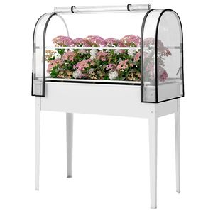Fioriera Rialzata in Metallo Bianco con Copertura a Serra Ribaltabile, Gambe e Foro di Drenaggio - Prodotto per Giardino e Interni - Product Image 1