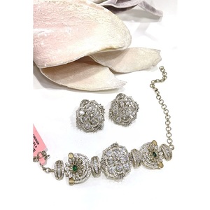 Glamorous Vintage <b>Silver</b> Plated Zircon Flower Statement <b>Choker</b> Necklace Set with Earrings for Women Wedding - Product Image 1
