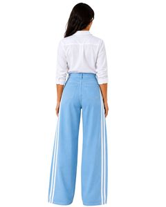 <b>Light</b> Blue Women High Waist Wide Leg Denim Jeans With White Side Stripe Loose Fit Cotton Denim Pants Casual Streetwear <b>Trousers</b> - Product Image 2
