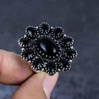 Cincin Koktail Perak 925 Berbentuk Bunga dengan Batu Onyx Hitam Buatan Laboratorium, Gaya Vintage, Berlapis Pave, untuk Perhiasan Pesta Wanita