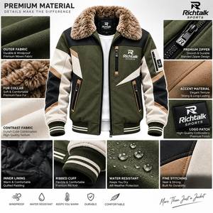 Blouson d'hiver pour homme, style bomber, avec blocs de couleur, col en fausse fourrure, fermeture éclair sur le devant, style sportif, épais, coupe-vent, en toile - Product Image 6