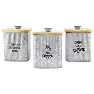 Boîte de rangement en acier galvanisé pour sucre, thé, café, pour la cuisine, ensemble de boîtes décoratives avec couvercle en bois - Product Image 1