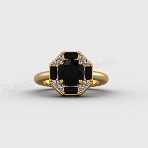 Bague en or 18 carats et argent 925 avec onyx noir en forme de plume, sertie de zircone cubique taille baguette ronde et halo, alliance de mariage, bijoux fins pour femme - Product Image 2