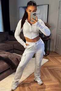 Women's <b>Light</b> Gray Solid Color Cotton Tracksuit Casual Wear Breathable Full Sleeve Hooded Zipper Front With Side Pockets - Product Image 6