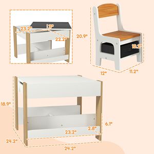 3PC tavolo e sedie in legno naturale Set per bambini reversibili Desktop scaffali per libri mobili per bambini - Product Image 3