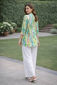 <b>Women</b> Colorful Printed <b>Kurta</b> Set with White Palazzo 3/4 Sleeve Loose Fit Summer Casual Outfit - Product Image 4