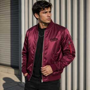 <b>Men's</b> Burgundy Satin Bomber <b>Jacket</b> with Embroidered Custom Logo <b>Pullover</b> Stand Collar Casual Streetwear Winter Wear - Product Image 1