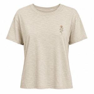 Camiseta Beige de Cuello Redondo para Mujer con Bordado Floral, Corte Regular, Informal, Primavera Verano, 100% Algodón Jersey, Manga Corta - Product Image 3