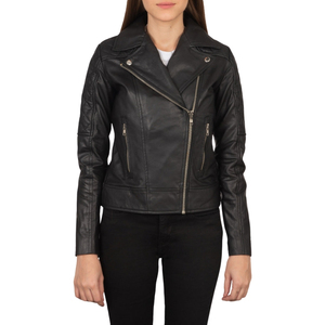 Chaqueta de Motociclista de Cuero Negra para Mujer, Cuello Alto, Cierre de Cremallera, Manga Larga - Product Image 4