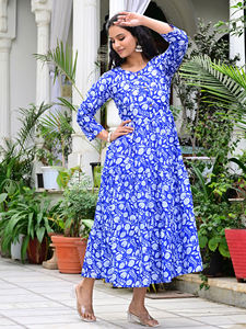 Vestido Maxi Boho Azul 100% Algodón para Mujer, Cintura Imperio, Estampado Floral, Vestido Casual - Product Image 2