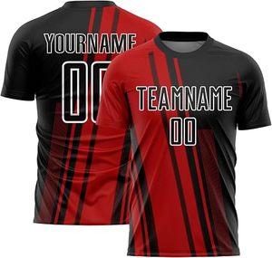 Ensemble de maillots de football personnalisés sublimés pour hommes, rouge et noir rayé, col rond, manches courtes, polyester respirant, uniforme de football - Product Image 3