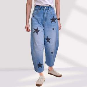 Women's Mid-Rise Star Printed <b>Balloon</b> Jeans Vintage Baggy Horseshoe Breathable Y2K Style Ankle Pants with Logo Waist - Product Image 1
