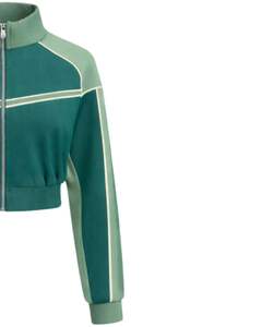 Chaqueta deportiva corta Green Sage para mujer, con cremallera, para gimnasio, fitness, ropa deportiva, con rayas en contraste, proveedor OEM. - Product Image 4