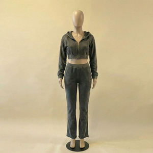 Ensemble de survêtement en velours pour femme, veste courte zippée et pantalon large, deux pièces, style streetwear décontracté - Product Image 1