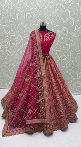 Indian Bridal <b>Lehenga</b> Set Velvet Netted Dupatta Zardosi Embroidered Wedding Dress Bride Outfit - Product Image 5