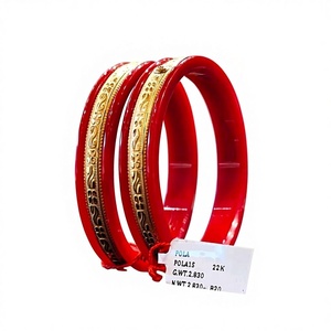 Traditional 22k <b>Solid</b> <b>Gold</b> Red Pola <b>Bangle</b> Pair Handcrafted Floral Coral <b>Bangles</b> Bengali Bridal Jewelry Party Gift - Product Image 1
