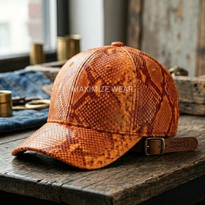 Baseball Cap New Fashion Unisex Brown Python Cap Snake print Beanie Skin Cap Leather Hat Genuine Customized Colors Four Seasons - Product Image 3