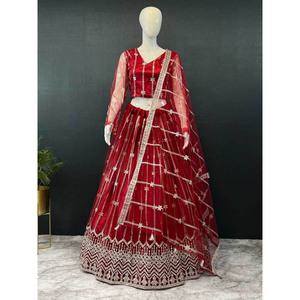 FILET FANTAISIE LEHENGA CHOLI AVEC BRODERIE DUPATTA TRAVAIL MARIAGE SEMI COUTURE MARRON - Product Image 1