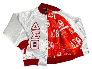 White Satin Canvas Bomber <b>Jacket</b> with <b>Red</b> Lettering and Buttons Regular Fit Casual Style for Women and Men Winter Wear - Product Image 2