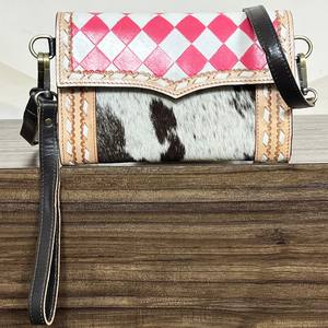 New Designer Pink & <b>White</b> Checkered Cowhide Hair-on-Hide Western Hand Tooled <b>Leather</b> Crossbody Wristlet Mini Purse <b>Clutch</b> <b>Bag</b> - Product Image 4