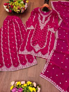 AARIKA TEXTILE Ensemble Sharara pour femme, tenue de soirée, en soie Fendy 1450 g/m², broderie de sequins, Kurta, pantalon intérieur, Dupatta, Diwali, Mariage, Ethnique - Product Image 6