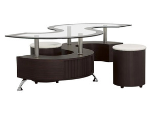Table basse de luxe en teck massif, moderne, avec plateau en verre trempé blanc en forme de vague, table centrale, tabourets ottoman, villa, hôtel - Product Image 4