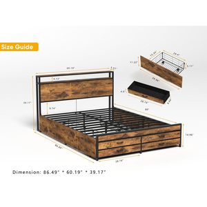 Queen Size Upholstered Metal Platform Bed Frame with LED Charging Station Headboard & 8 <b>Storage</b> <b>Drawers</b> No <b>Box</b> Spring Needed - Product Image 5