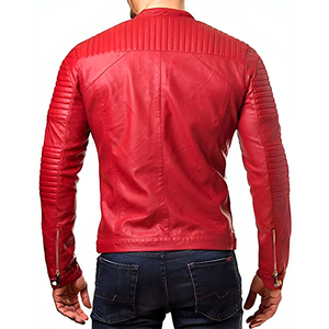 Veste de moto en cuir d'agneau véritable rouge pour homme de qualité supérieure, col montant, fermeture éclair, style motard, coupe-vent - Product Image 6