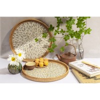 Plateau en carton écologique de luxe multi-usages D20cm, coquilles de rotin naturel tressées à la main, style campagnard, napperons vietnamiens, anneaux de serviette