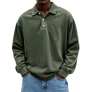 Polo vintage de haute qualité à manches longues, chemises polo à manches longues en coton délavé à l'acide, style rétro pour hommes - Product Image 2