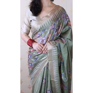 ผ้าไหมทัสซาร์สีเขียวพิสตา ลายพิมพ์ธรรมชาติ ทอแบบซารี ผ้าคลุมไหล่และผ้าพันคอแบบดั้งเดิมของอินเดีย - Product Image 4