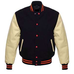 Veste universitaire marine personnalisée pour hommes, manches crème, boutons rouges, style preppy, coupe régulière, col montant, vêtement d'hiver – Vente en gros - Product Image 1