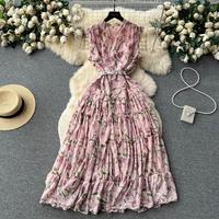 Robe longue décontractée et élégante pour femme, style vintage français, sans manches, à col, imprimé floral, idéale pour l'été, les fêtes et la plage