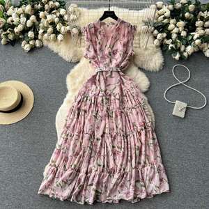 เดรสยาวลายดอกไม้สไตล์วินเทจฝรั่งเศสสำหรับผู้หญิง แขนกุด คอปก  ลำลอง  หรูหรา  เหมาะสำหรับงานปาร์ตี้  ชายหาด  ฤดูร้อน - Product Image 2